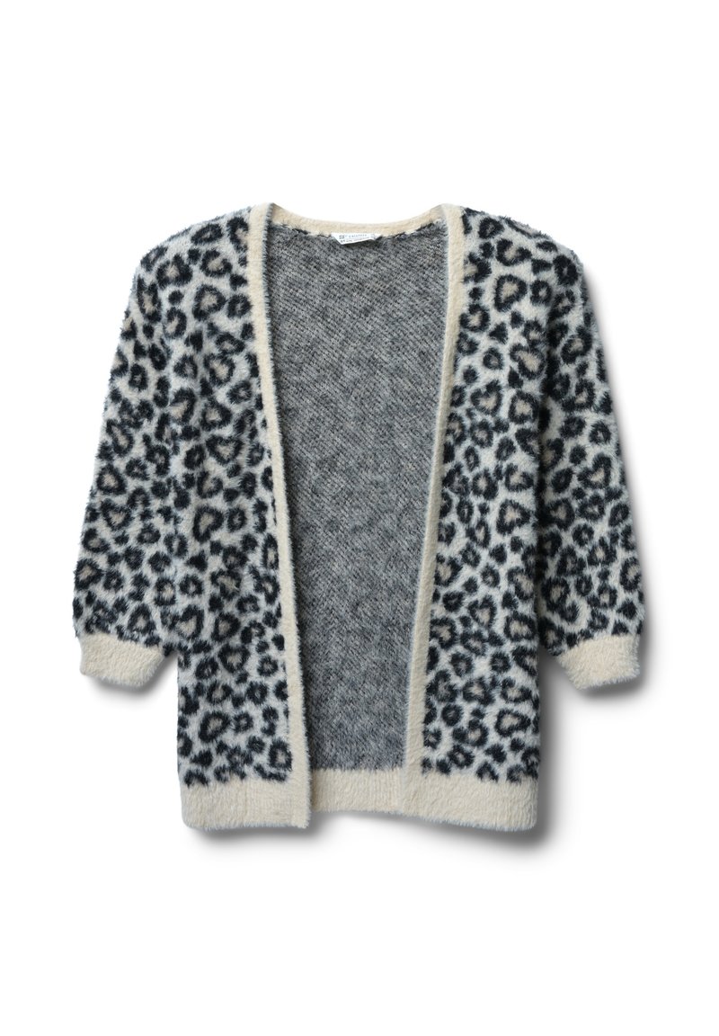 Cardigan a stampa leopardata in morbido tessuto crema e nero, con apertura frontale, maniche a tre quarti e una morbida texture interna grigia.