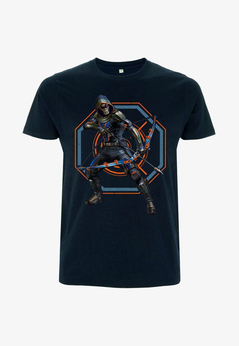 T-shirt in cotone blu navy con una grafica di un personaggio con un arco, che indossa un cappuccio e un abbigliamento armato, su uno sfondo ottagonale arancione e blu.