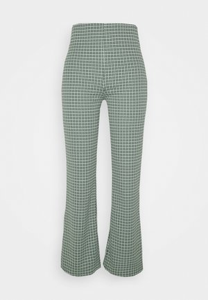 Pantalon taille haute à jambes larges avec motif pied-de-poule vert et blanc, présenté de face sur un fond blanc uni.