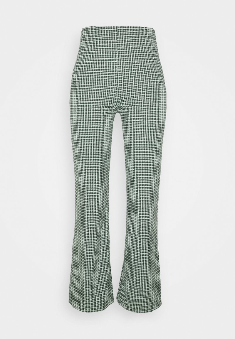 Pantalon taille haute à jambes larges avec motif pied-de-poule vert et blanc, présenté de face sur un fond blanc uni.