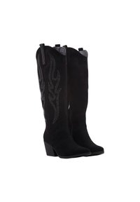 Bottes noires en daim jusqu'au genou avec un bout pointu, arborant des coutures décoratives en forme de flamme et un petit talon empilé.
