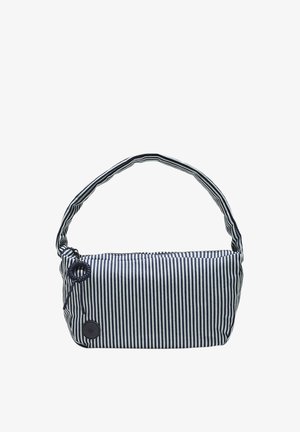 Petit sac rectangulaire avec des rayures verticales bleu marine et blanches, poignée en tissu, et un logo noir circulaire près du coin inférieur gauche.