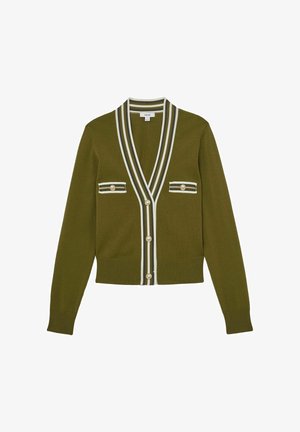 Cardigan verde oliva con scollo a V, colletto a righe a contrasto e due tasche frontali con bottoni decorativi. Realizzato in morbido tessuto a maglia.