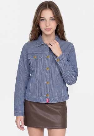Junge Frau mit langen Haaren, die eine blau-weiß gestreifte Hemdbluse und einen braunen Lederrock vor hellem Hintergrund trägt.