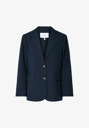 Marineblazer med skråklapper, to for- og en enkelt knaplukning. Fremstillet af et glat, skræddersyet stof.