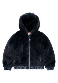 Kurtka z kapturem z sztucznego futra w kolorze granatowym, z zapięciem na zamek, elastycznymi mankietami i paskiem w talii, z bocznymi kieszeniami i miękką fakturą.