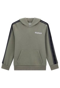 Alyvuogių spalvos džemperis su priekiu kišene, juodomis šoninėmis juostelėmis su logotipo atspaudais ir kapisonu su raišteliu. Paprastas dizainas su nertomis rankovėmis.