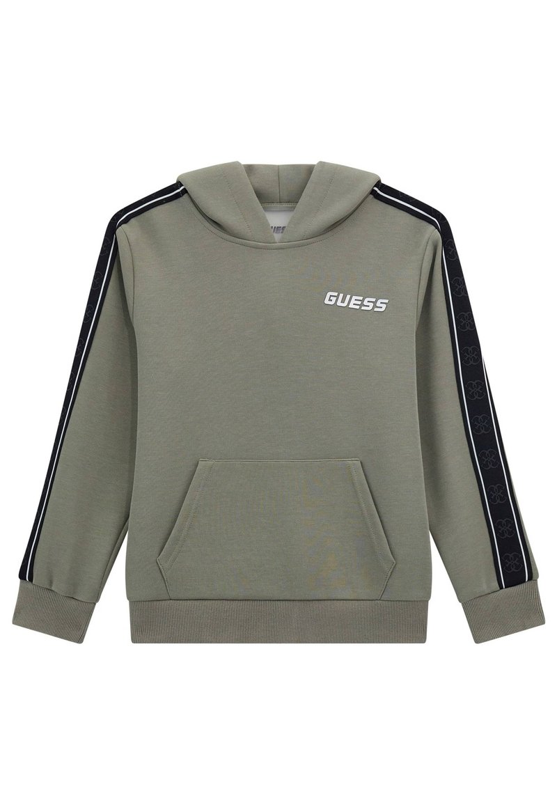 Alyvuogių spalvos džemperis su priekiu kišene, juodomis šoninėmis juostelėmis su logotipo atspaudais ir kapisonu su raišteliu. Paprastas dizainas su nertomis rankovėmis.