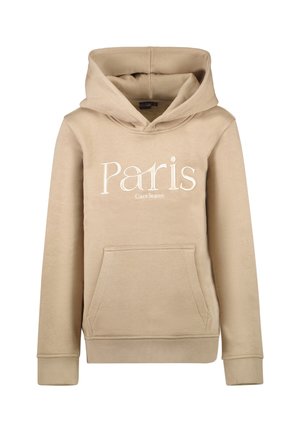 Beige hoodie met een voorzak. Voorzien van geborduurde teksten "Paris" en "Cars Jeans". Zacht materiaal, ribgebreide boorden en zoom.