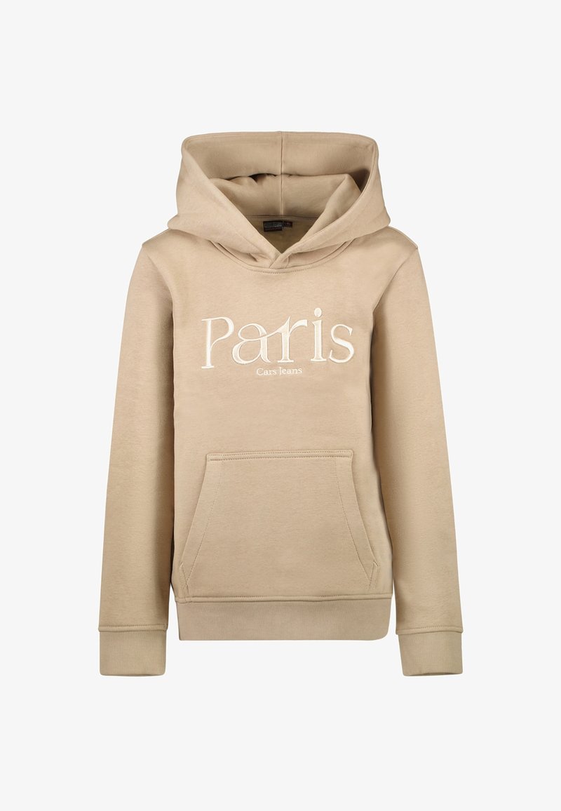 Beige hoodie met een voorzak. Voorzien van geborduurde teksten "Paris" en "Cars Jeans". Zacht materiaal, ribgebreide boorden en zoom.