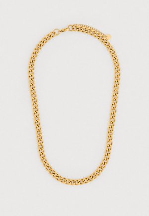 Goudkleurige ketting met in elkaar grijpende schakels, met een glad oppervlak en een veilige sluiting, ontworpen voor een klassieke uitstraling.