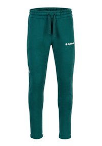 Türkise Baumwoll-Jogginghose mit elastischem Bund und Kordelzug, mit einem weißen Logo auf der Vorderseite und schmal zulaufenden Bündchen an den Knöcheln.