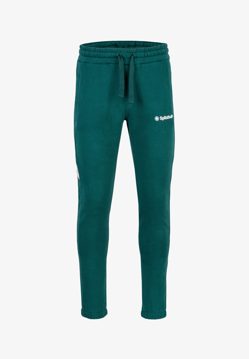 Türkise Baumwoll-Jogginghose mit elastischem Bund und Kordelzug, mit einem weißen Logo auf der Vorderseite und schmal zulaufenden Bündchen an den Knöcheln.