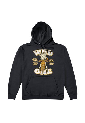 Sort hættejakke med et grafisk print af en tegneseriefigur med teksten "WILD ONE" og "BIKER BETTY MOTORCYCLE CLUB" i slidt gul.