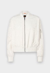 Vit bomberjacka med ögonlidsblommig broderi, frontdragkedja, elastiska cuffs och midja, samt en dragkedja på vänster ärm.