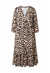 Leopardenmuster-Kleid aus leichtem Stoff, mit V-Ausschnitt, Knopfleiste, dreiviertel Ärmeln und einem gestuften Rüschensaum.