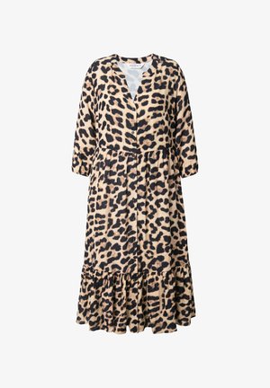 Leopard print dress in lightweight fabric, featuring a v-neck, button-down front, three-quarter sleeves, and a tiered ruffled hem.