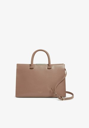 Borsa a mano rettangolare in pelle marrone chiaro con manici superiori e tracolla removibile, mostrata su sfondo bianco.