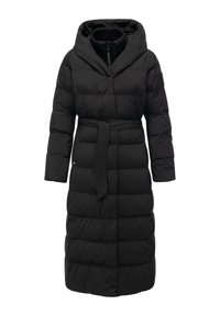 Giubbotto puffer nero con cappuccio, maniche lunghe, cintura regolabile e motivo trapuntato. Presenta un collo alto e una zip frontale.