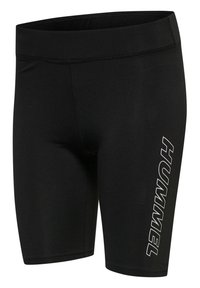 Svarta träningsoveraller gjorda av stretchigt tyg, med en vit logotyp på sidan, har en åtsittande design och resårmidja.