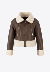 Giacca cropped in pelle marrone con collo e polsini in pelliccia sintetica color crema, dotata di una zip frontale e due tasche laterali con zip.