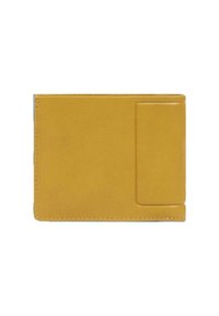 Portafoglio giallo in pelle dalla texture liscia, con una fessura frontale per carte e design minimalista. La cucitura è ordinata e del colore della pelle.
