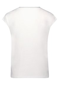 Weißes T-Shirt mit kurzen Ärmeln und rundem Halsausschnitt. Glattes Baumwollgewebe mit leichtem Glanz am Halsausschnitt. Gerade geschnitten mit einem gesäumten Abschluss.