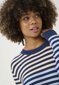 Pletený sveter s horizontálnymi pruhmi v námorníckej modrej, krémovej a svetlomodrej; rebrovaná textúra s okrúhlym výstrihom a priliehavými rukávmi.