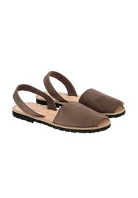 Brown suede slingback sandals with a rounded toe, open design, cushioned insole, and a textured black rubber sole.