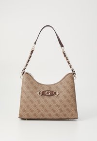 Borsa a tracolla marrone con motivo, strap in catena dorata e emblematico "G" dorato al centro sul fronte con dettagli in pelle, esposta su uno sfondo bianco.