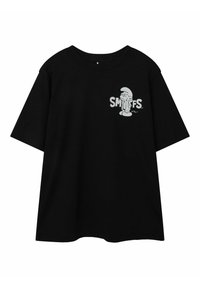 Camiseta de algodón negra de manga corta, con un gráfico de los Pitufos en gris en el lado izquierdo. Diseño clásico de cuello redondo, con un corte relajado.