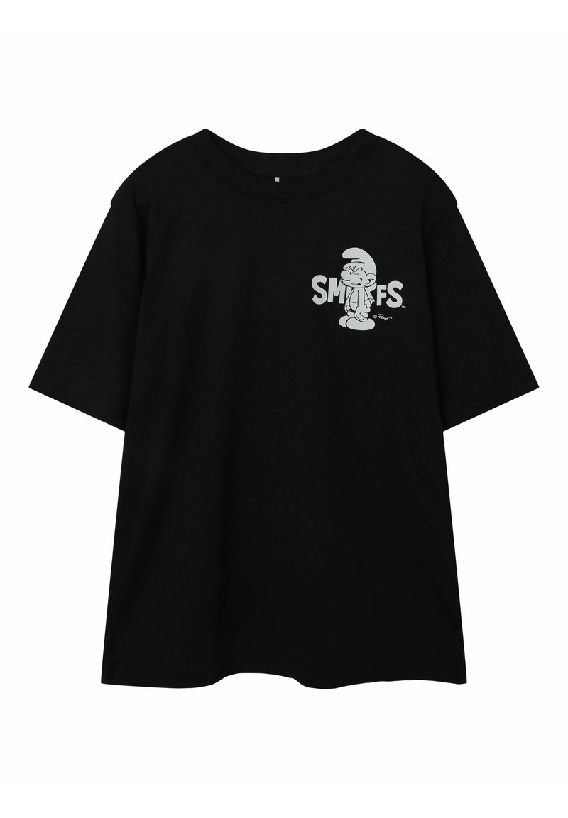 Camiseta de algodón negra de manga corta, con un gráfico de los Pitufos en gris en el lado izquierdo. Diseño clásico de cuello redondo, con un corte relajado.