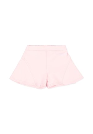 Jasnoróżowe rozszerzane szorty z elastycznym pasem i przeszyciami, zaprojektowane do noszenia na co dzień lub do aktywności sportowej.
