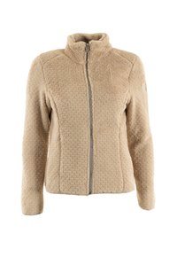 Giacca in fleece beige con un motivo volumetrico texturizzato, zip a tutta lunghezza e colletto alto, dotata di maniche lunghe e senza decorazioni.