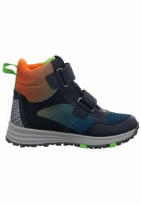 Sneaker alte per bambini con tomaia blu navy, dettagli arancioni e verdi, cinturini in Velcro e suola testurizzata con dettagli verde neon.