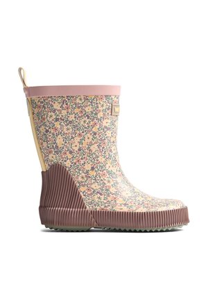 Kinder-Gummistiefel bis zur Mitte der Wade mit rosa Blumenmuster, rosa Besatz, strukturierter brauner Sohle und Absatz, seitlich betrachtet.