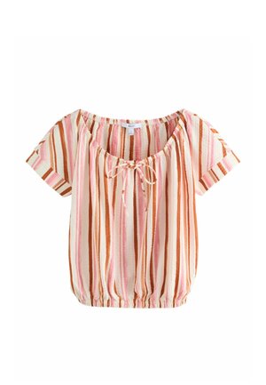 Blouse à manches courtes avec taille élastiquée, rayures verticales roses, marron et crème, et un nouage à l'avant au niveau de l'encolure arrondie.