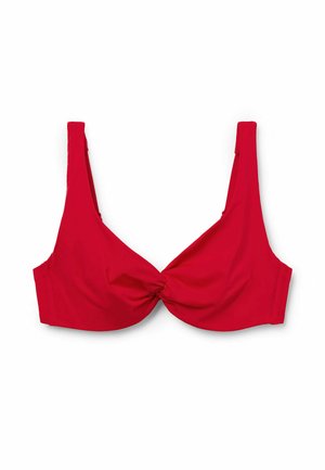 Röd bikinitopp med breda remmar och en knuten detalj i mitten. Mjuk, texturerad tyg med en slät yta. Lämplig för badkläder.