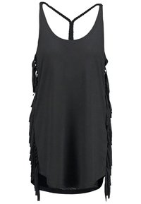 Robe noire sans manches avec un dos nageur tressé et des franges superposées sur les côtés.