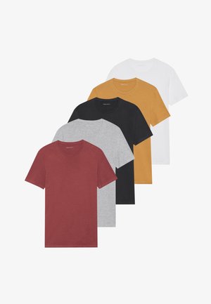 Five crewneck T-shirts in maroon, mustard, gray, black, and white. Cotton material with short sleeves and standard fit. Minimal branding on neckline.