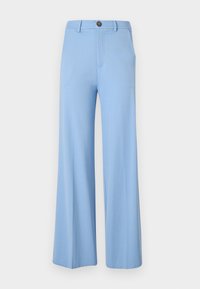 Pantalon large bleu clair en tissu lisse, avec fermeture éclair et bouton à l'avant. Sans motifs ni accents supplémentaires.