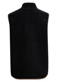 Gilet in pile nero con colletto alto, superficie texture e orlo arrotondato. Senza maniche, presenta un dettagli in marrone sul bordo inferiore.