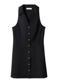 Robe noire sans manches avec un col et une rangée de boutons marron sur le devant ; tissu lisse, forme trapèze, sans motifs ni accents.