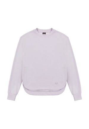 Lila sweatshirt van zachte stof, met een ronde hals, lange mouwen en een gebogen zoom. Beschikt over een grote voorzak en minimale branding.