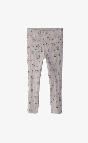 Grijze geribbelde leggings met een bloemdessin in roze en paarse tinten, gemaakt van zacht katoen met een elastische tailleband.