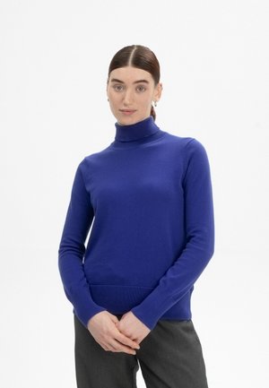 Blauwe coltrui van zacht materiaal, met lange mouwen en geribbelde manchetten, in een getailleerde snit.