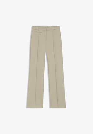 Beige maßgeschneiderte Hosen mit weitem Bein, vorderen Falten, zwei horizontalen Seitentaschen und einem glatten, leicht strukturierten Stoff.