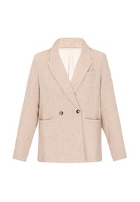Blazer beige doppiopetto realizzato in tessuto testurizzato con macchie multicolori, colletto a intaglio e due tasche frontali.