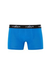 Blue cotton trunk with a black waistband featuring the word "LONDON" in gray. Designed with a snug fit and a lined front panel.