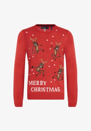 Rød strikket sweater med dansende rensdyr og hvide snefnug, med teksten "GLÆDELIG JUL" nederst i hvid. Rund halsudskæring.